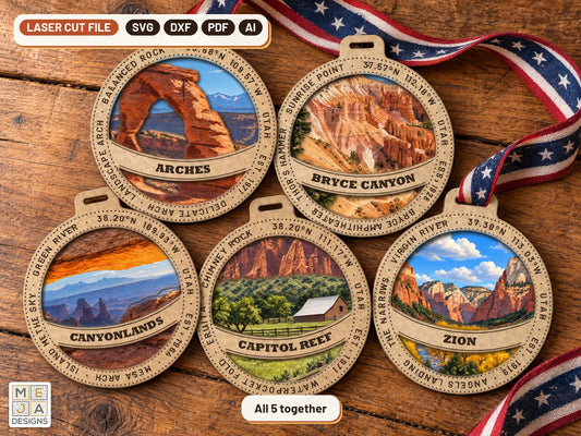 Utah's Mighty 5 National Park Ornament Set laser cut file: all the designs together