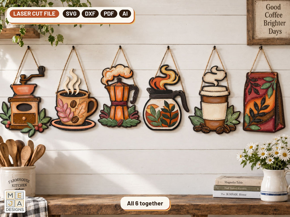 Coffee Lover's Layered Sign Set laser cut file: all the designs together