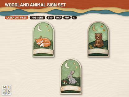 Woodland Animal Sign Set laser cut file: every design of the bundle together