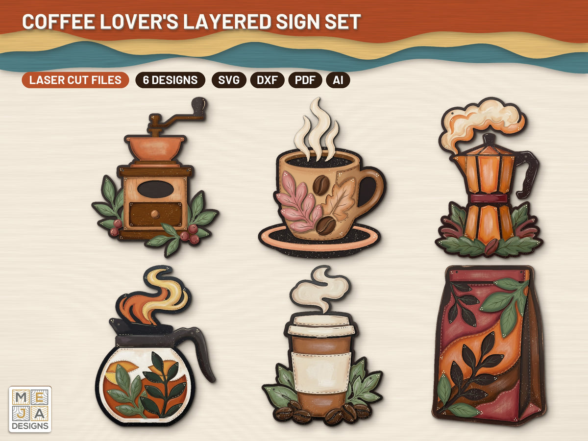 Coffee Lover's Layered Sign Set laser cut file: every design of the bundle together