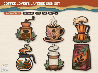 Coffee Lover's Layered Sign Set laser cut file: every design of the bundle together