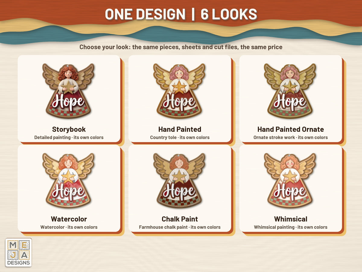 Rustic Hope Angel Ornament sticker pack: every look the sticker pack comes in, side by side