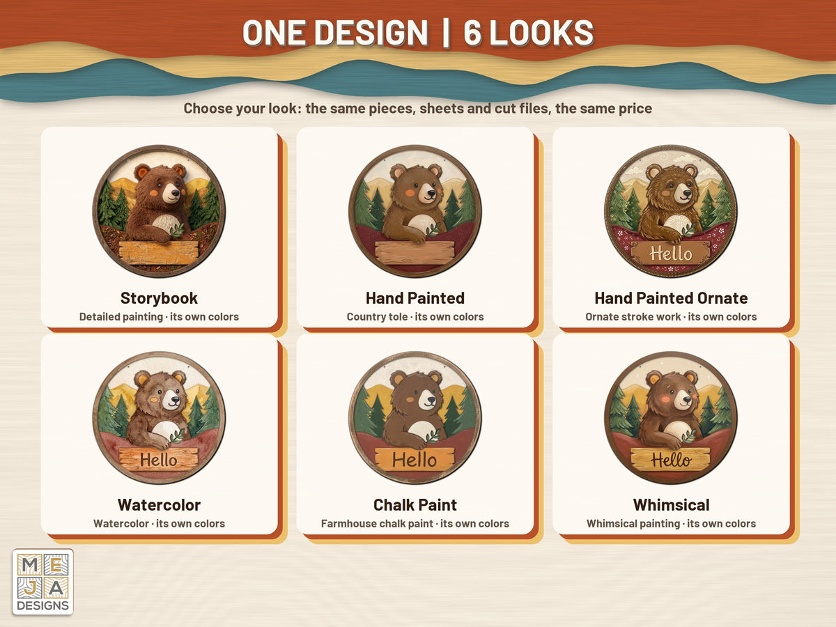 Woodland Bear Friend Hello Sign sticker pack: every look the sticker pack comes in, side by side