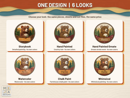 Woodland Bear Friend Hello Sign sticker pack: every look the sticker pack comes in, side by side
