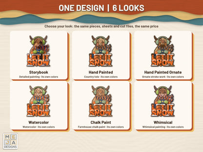 Highland Cow Let It Snow Ornament sticker pack: every look the sticker pack comes in, side by side