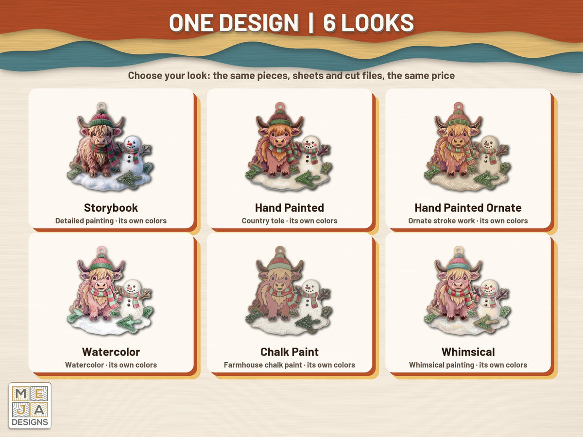 Highland Cow Snowman Ornament sticker pack: every look the sticker pack comes in, side by side