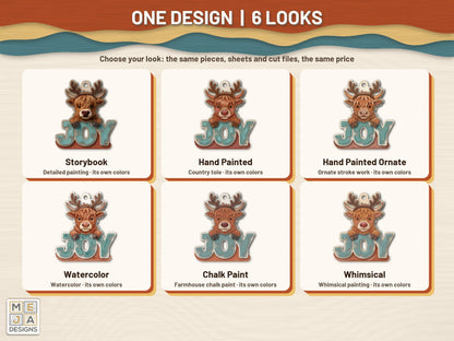 Highland Cow Joy Ornament sticker pack: every look the sticker pack comes in, side by side