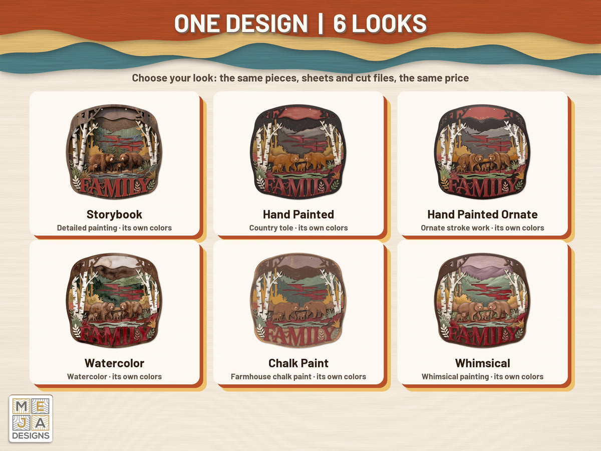 Rustic Bear Family Sign sticker pack: every look the sticker pack comes in, side by side