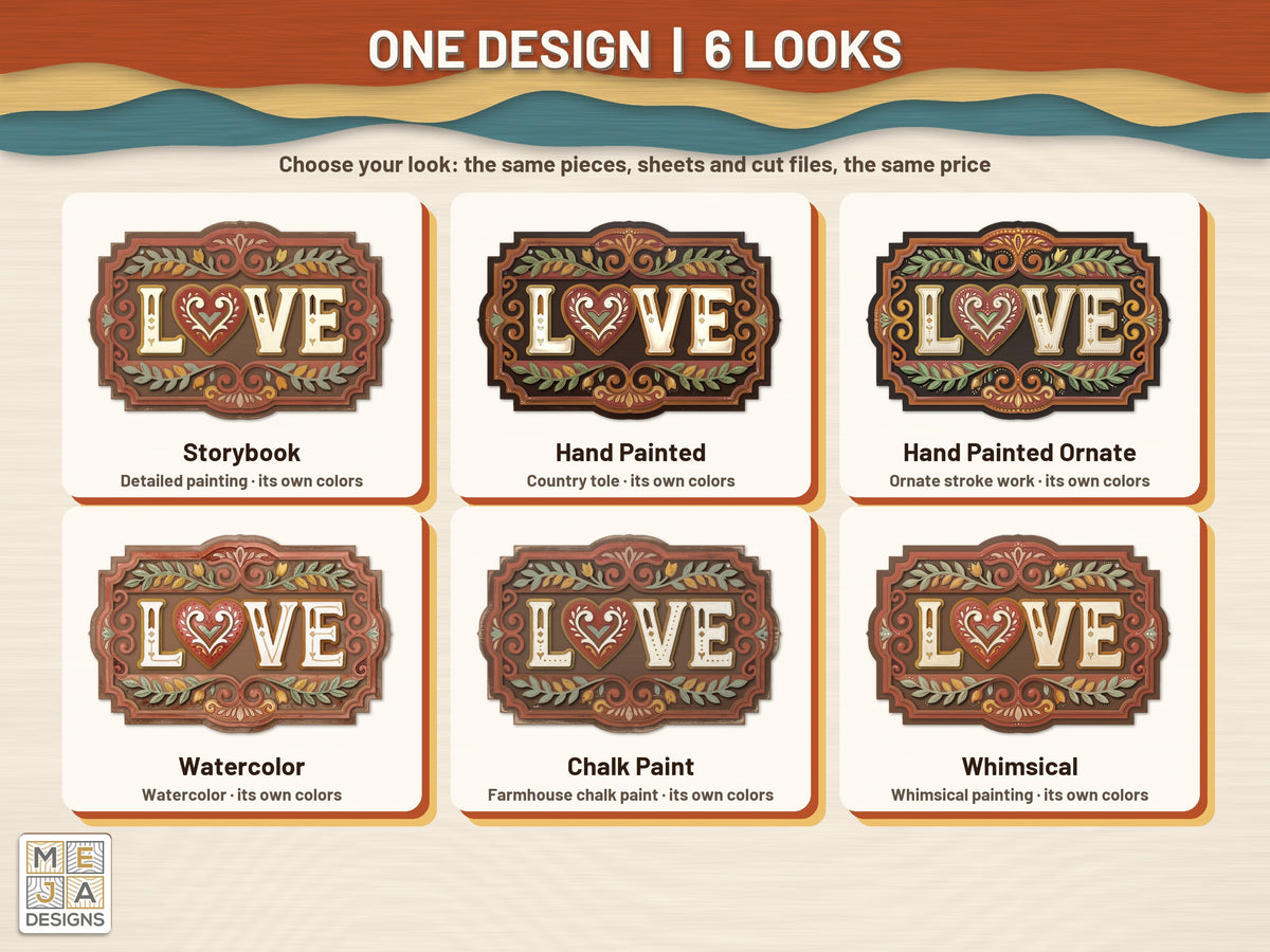 Rustic Folk LOVE Sign sticker pack: every look the sticker pack comes in, side by side