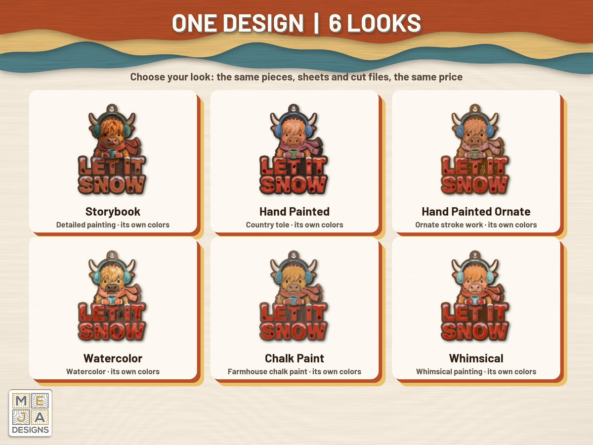 Highland Cow Let It Snow Ornament sticker pack: every look the sticker pack comes in, side by side