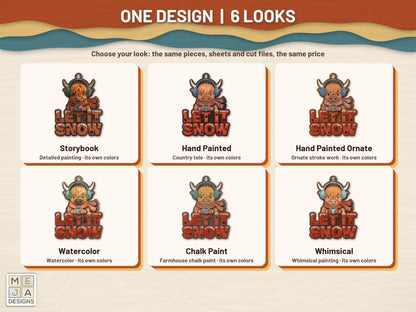 Highland Cow Let It Snow Ornament sticker pack: every look the sticker pack comes in, side by side