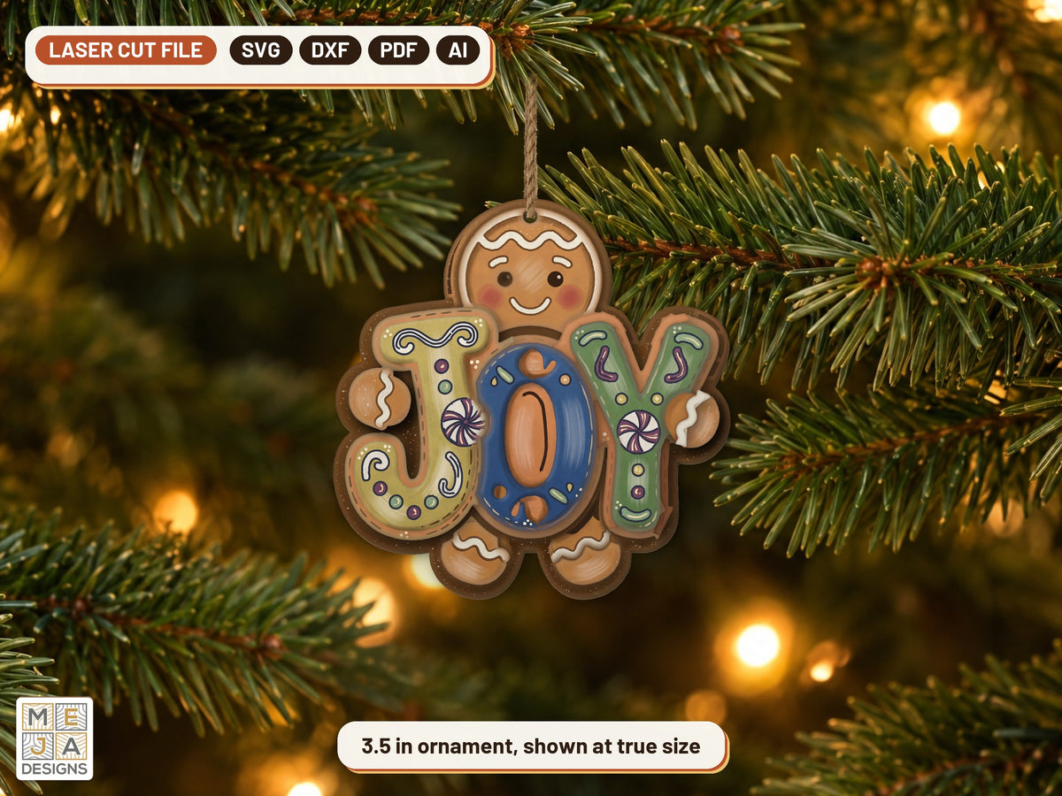 Gingerbread JOY Ornament laser cut file: the finished piece in a room