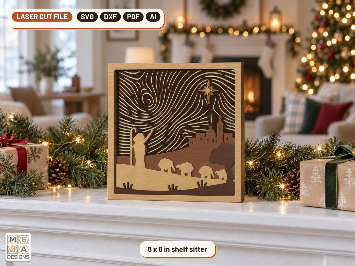Shepherds Under the Star Layered Scene laser cut file: the finished piece in a room