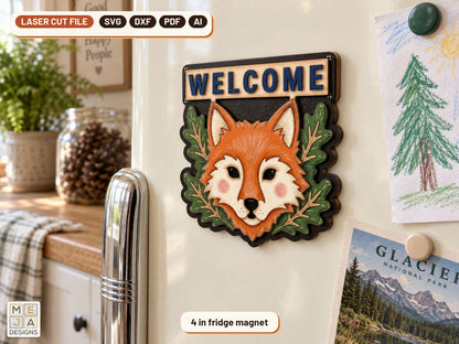 Fox Welcome Magnet laser cut file: the finished piece in a room