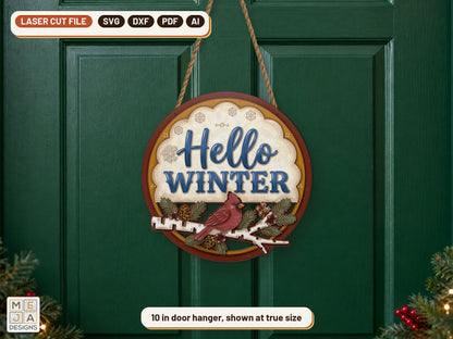 Hello Winter Cardinal Sign laser cut file: the finished piece in a room