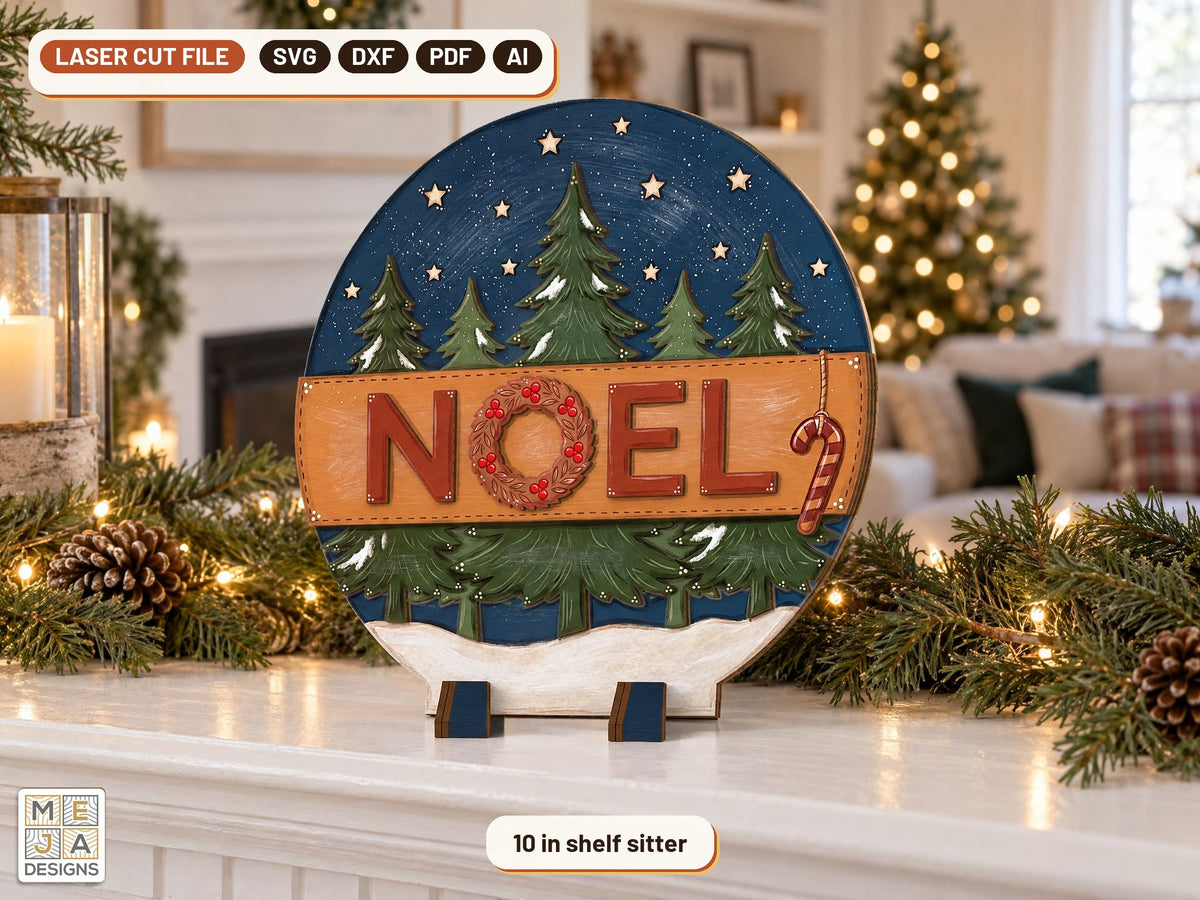 Pine Forest Noel Sign laser cut file: the finished piece in a room