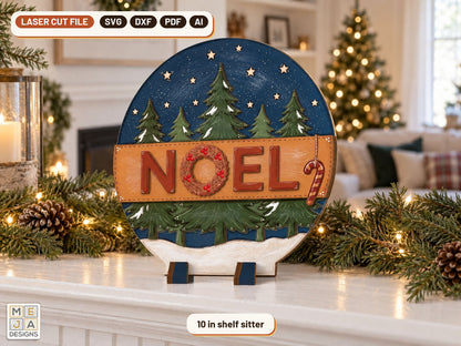 Pine Forest Noel Sign laser cut file: the finished piece in a room