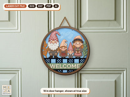 Gnome Family Welcome Sign laser cut file: the finished piece in a room