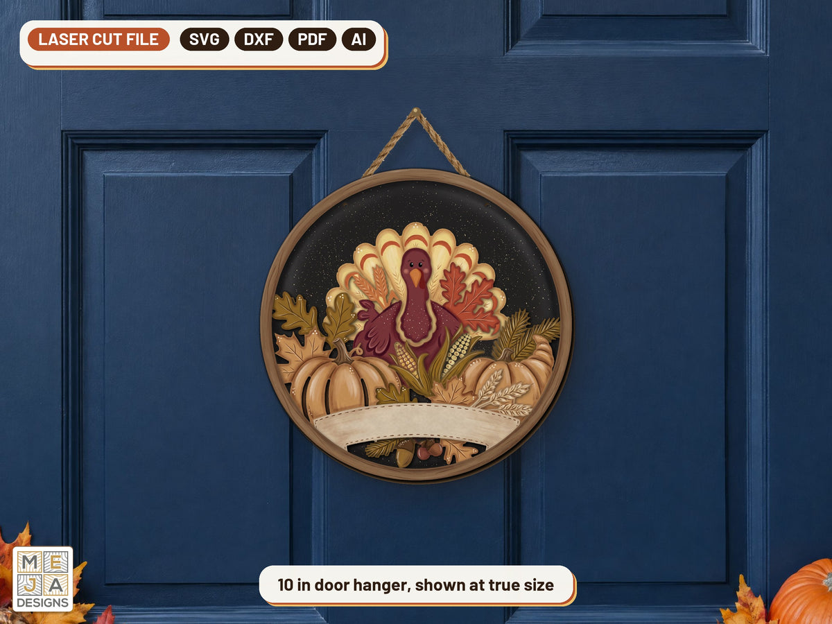 Turkey Pumpkin Patch Round Sign laser cut file: the finished piece in a room