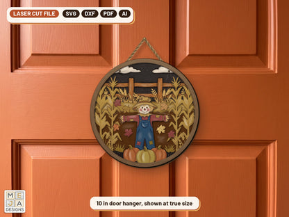 Rustic Cornfield Scarecrow Sign laser cut file: the finished piece in a room