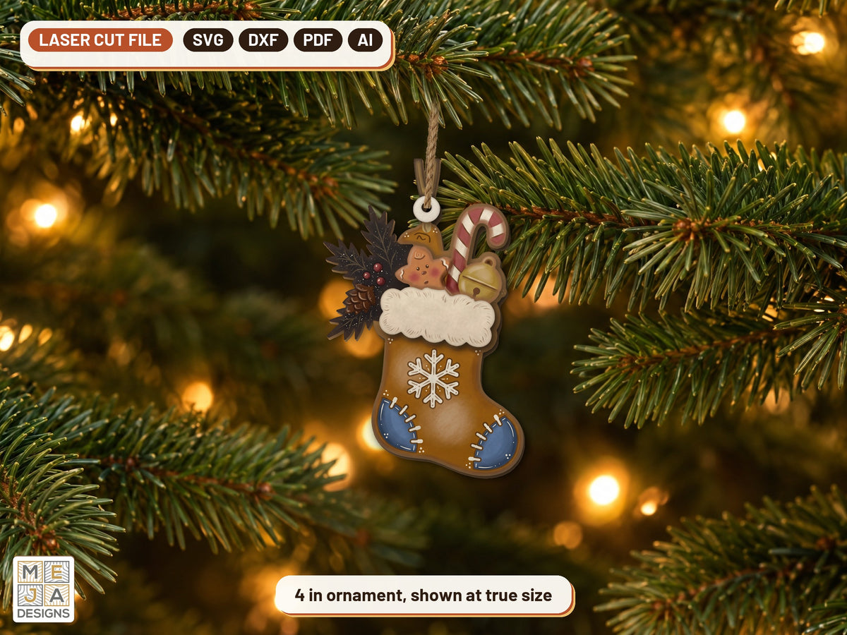 Gingerbread Stocking Ornament laser cut file: the finished piece in a room