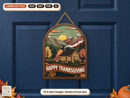 Mountain Thanksgiving Cabin Sign laser cut file: the finished piece in a room
