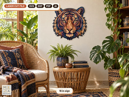 Swirl Tiger Head Sign laser cut file: the finished piece in a room