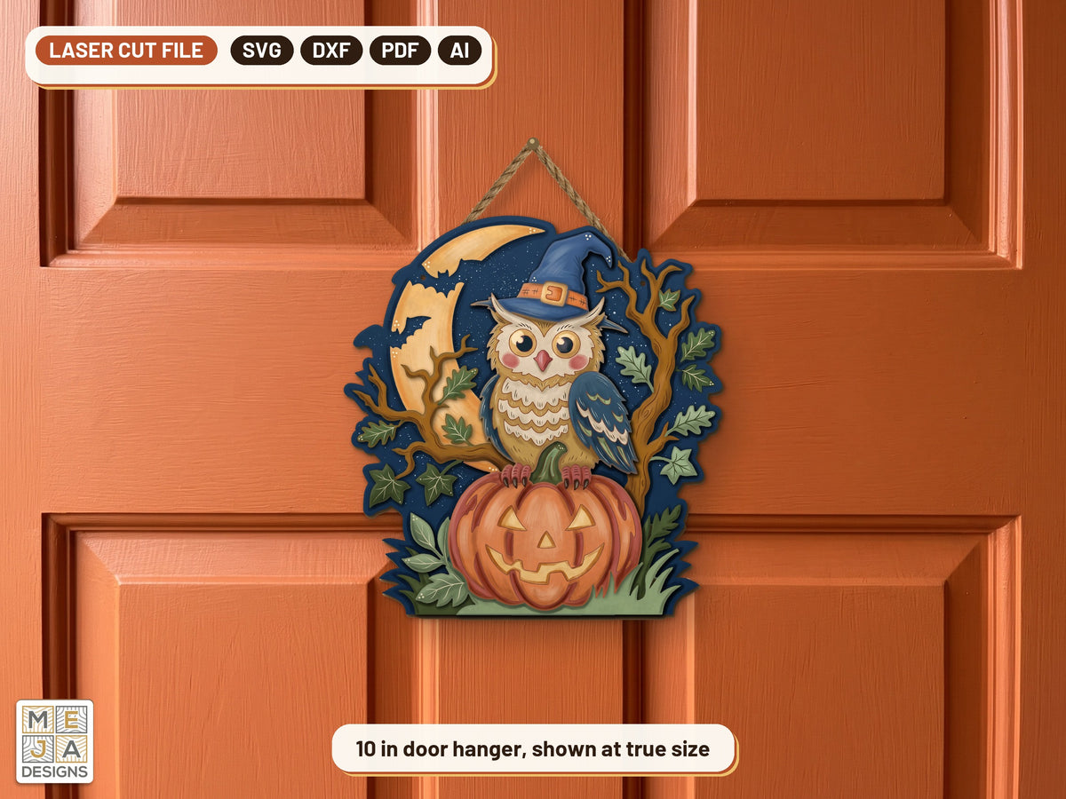 Witch Hat Owl Pumpkin laser cut file: the finished piece in a room