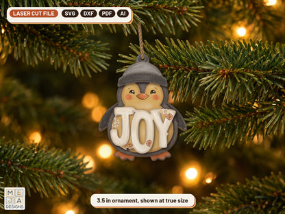 Rustic JOY Penguin Ornament laser cut file: the finished piece in a room