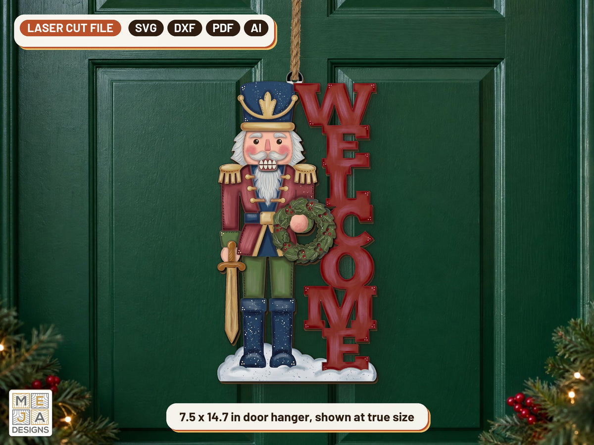 Nutcracker Welcome Door Hanger laser cut file: the finished piece in a room