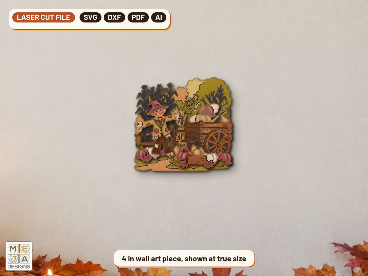 Harvest Scarecrow Wagon Sign laser cut file: the finished piece in a room