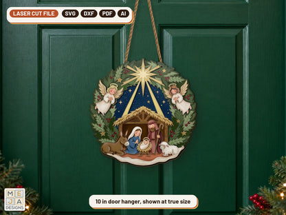 Nativity Wreath Door Hanger laser cut file: the finished piece in a room