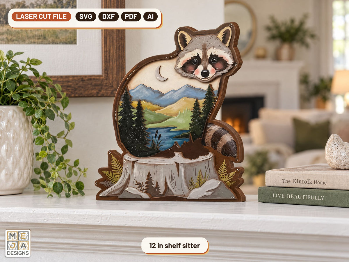 Raccoon Creek Shelf Sitter laser cut file: the finished piece in a room