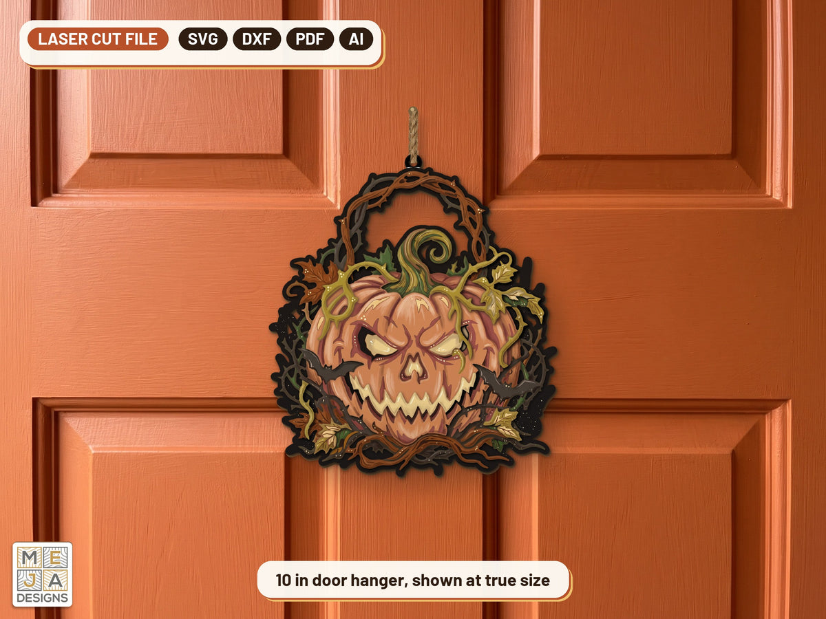 Gnarled Jack-O'-Lantern Hanger laser cut file: the finished piece in a room