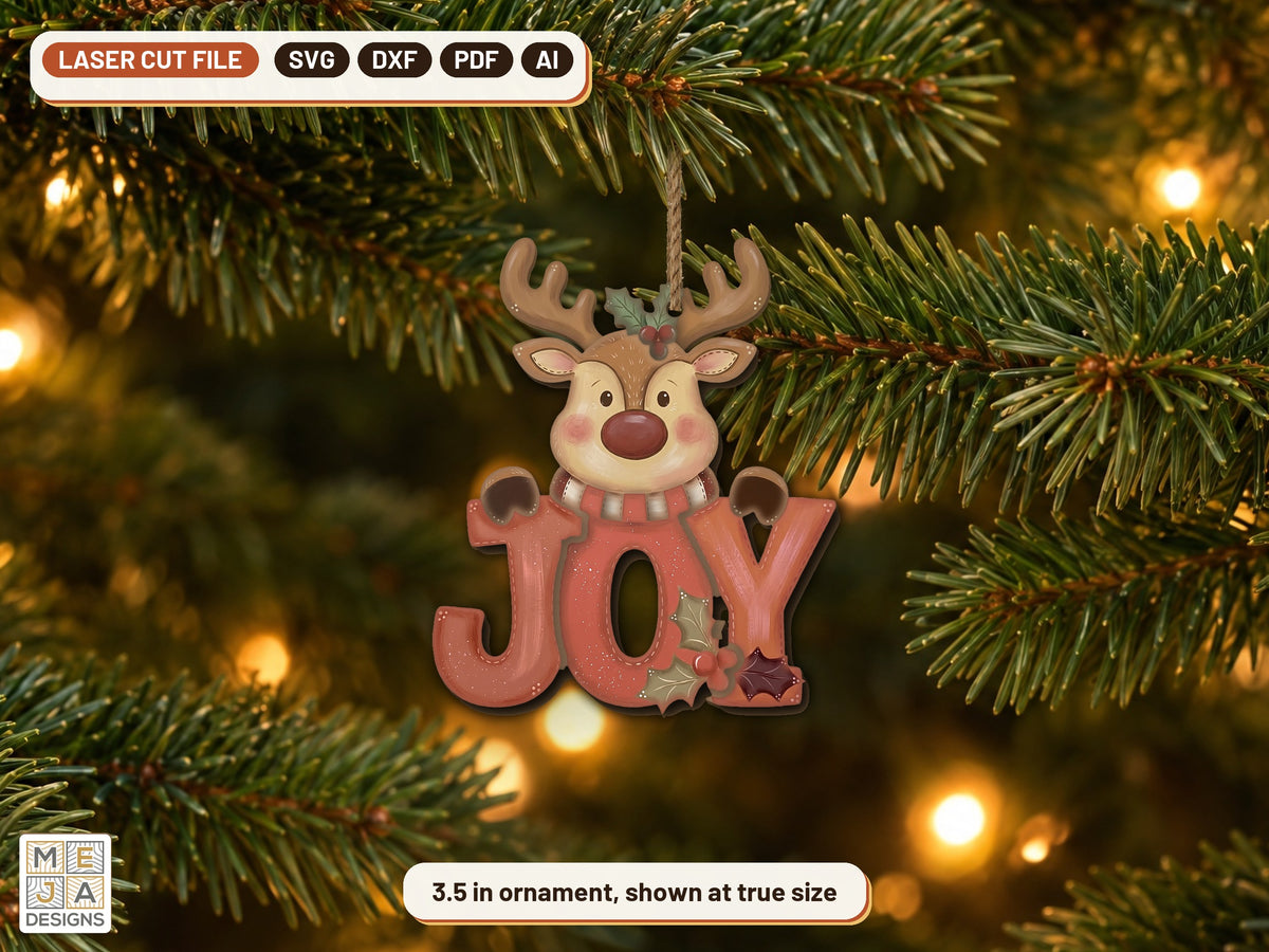 Reindeer JOY Ornament laser cut file: the finished piece in a room