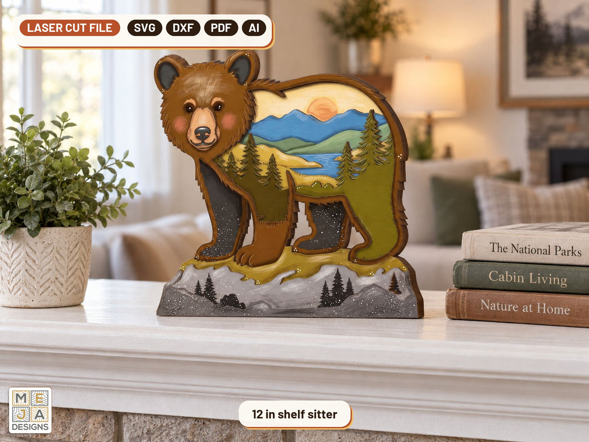 Bear Cub Mountain Sitter laser cut file: the finished piece in a room