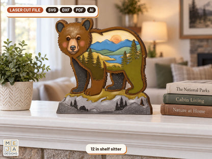 Bear Cub Mountain Sitter laser cut file: the finished piece in a room