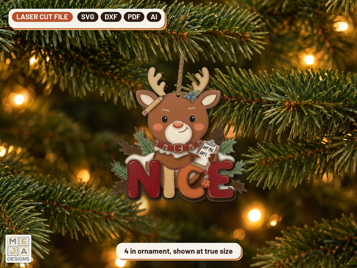 Nice List Reindeer Ornament laser cut file: the finished piece in a room