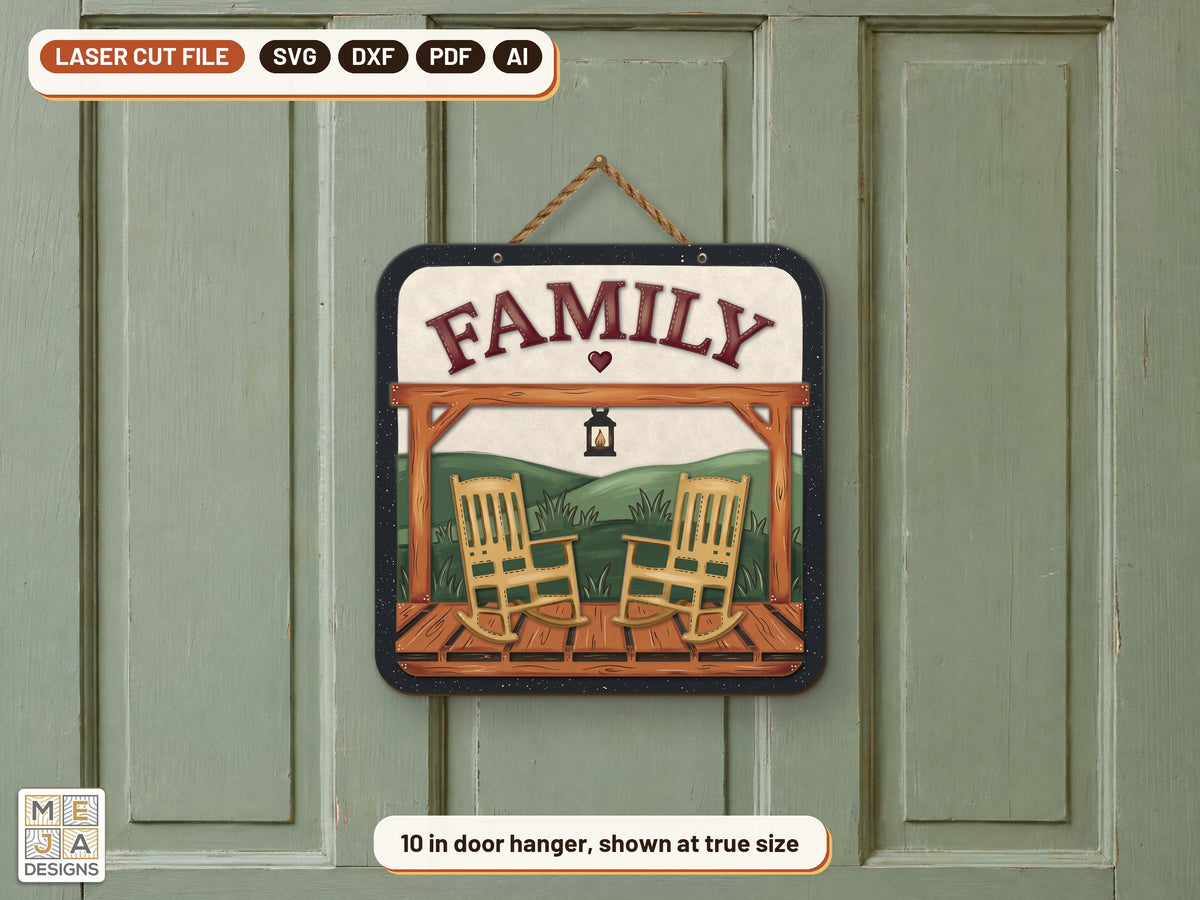 Rustic Family Porch Sign laser cut file: the finished piece in a room