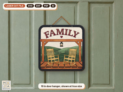 Rustic Family Porch Sign laser cut file: the finished piece in a room