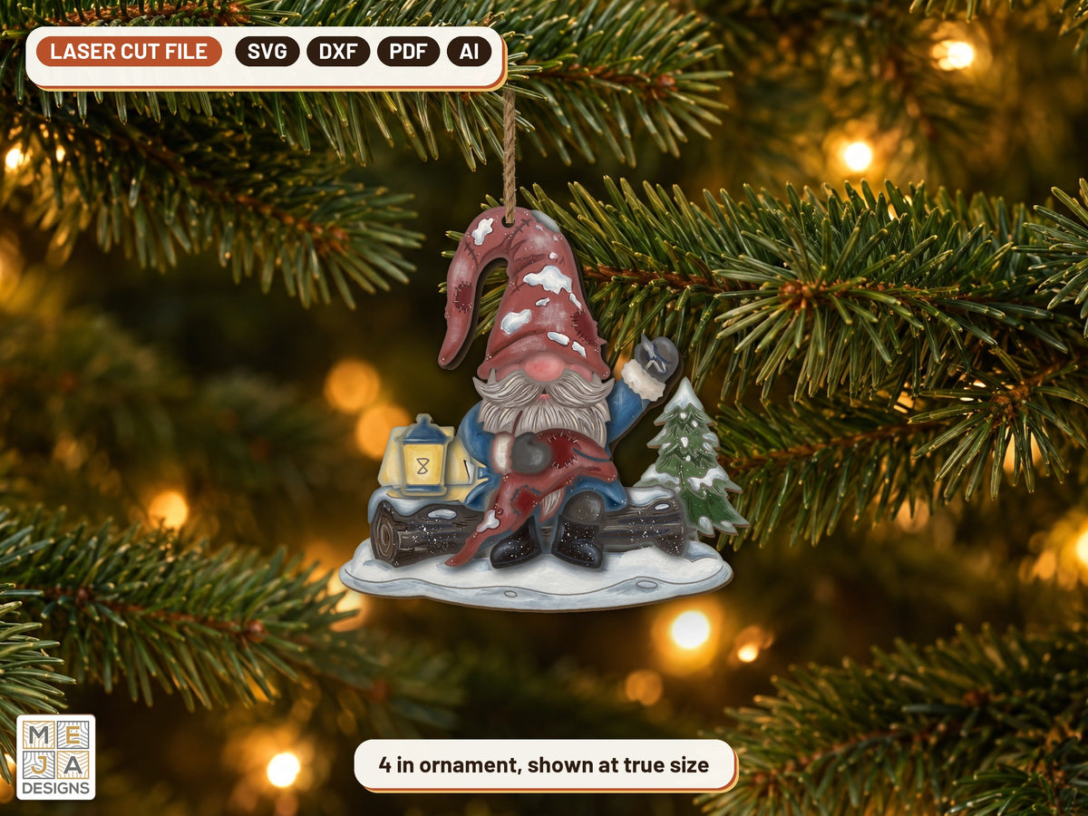 Gnome Patching Hat Ornament laser cut file: the finished piece in a room
