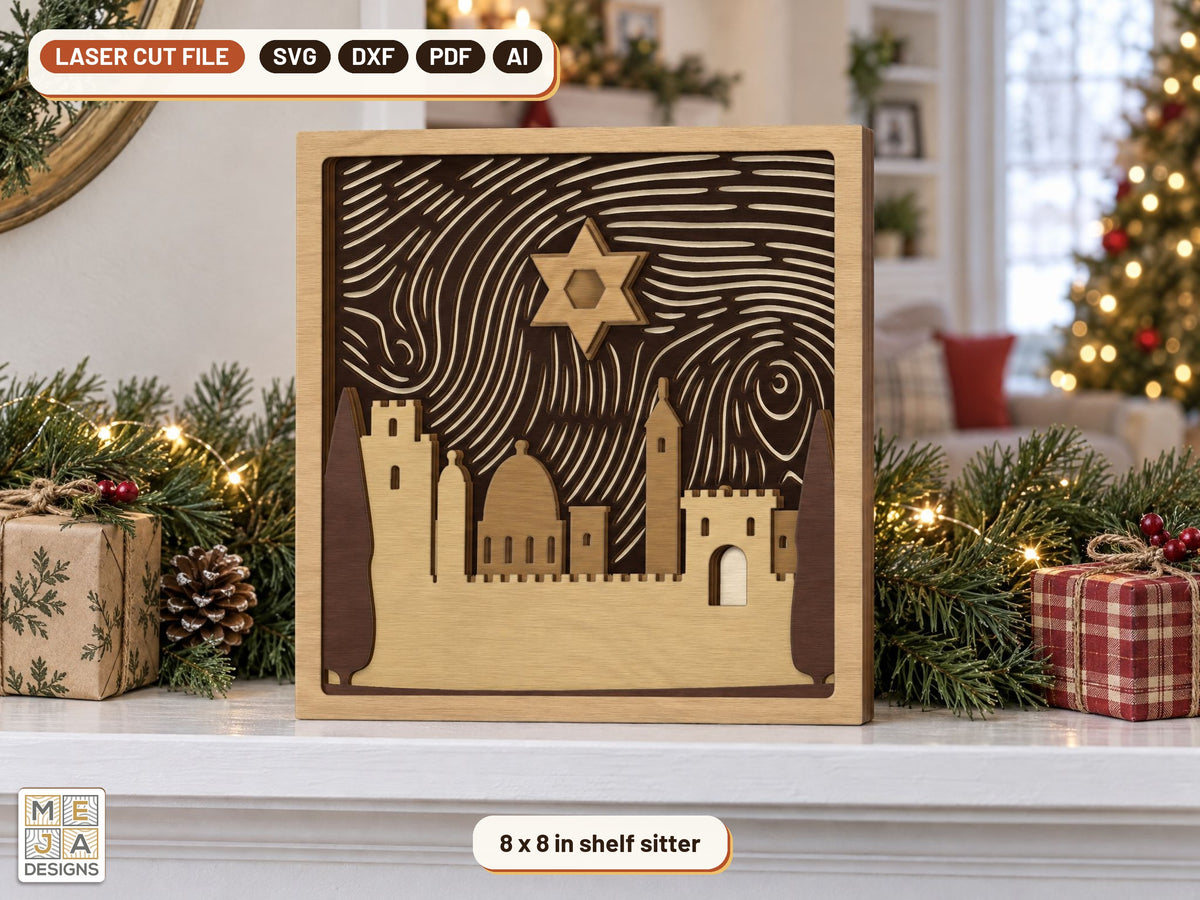 Star of David over Jerusalem Layered Scene laser cut file: the finished piece in a room