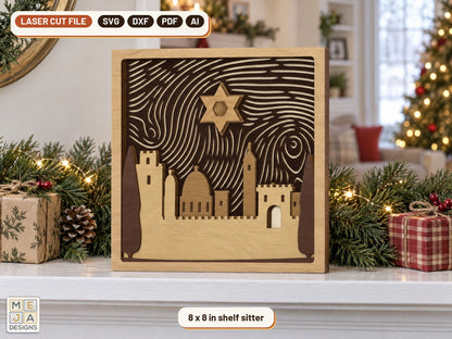 Star of David over Jerusalem Layered Scene laser cut file: the finished piece in a room