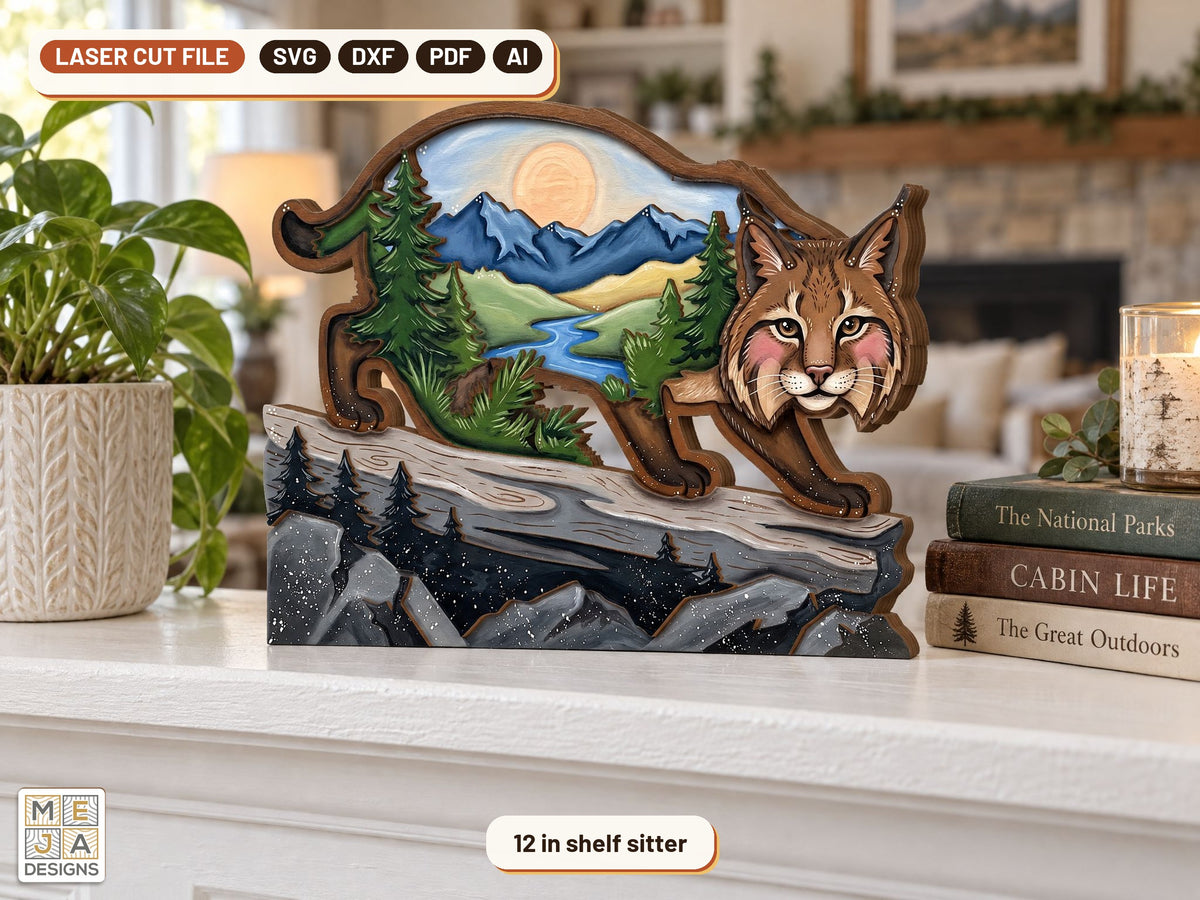 Bobcat Window Shelf Sitter laser cut file: the finished piece in a room