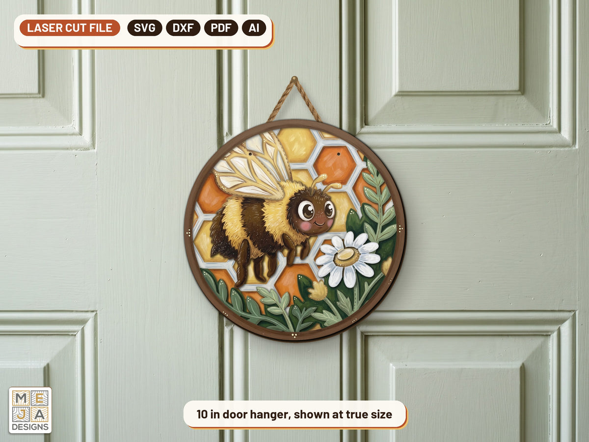 Honeycomb Bee Hanger laser cut file: the finished piece in a room