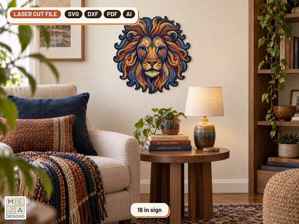 Swirl Lion Head Sign laser cut file: the finished piece in a room