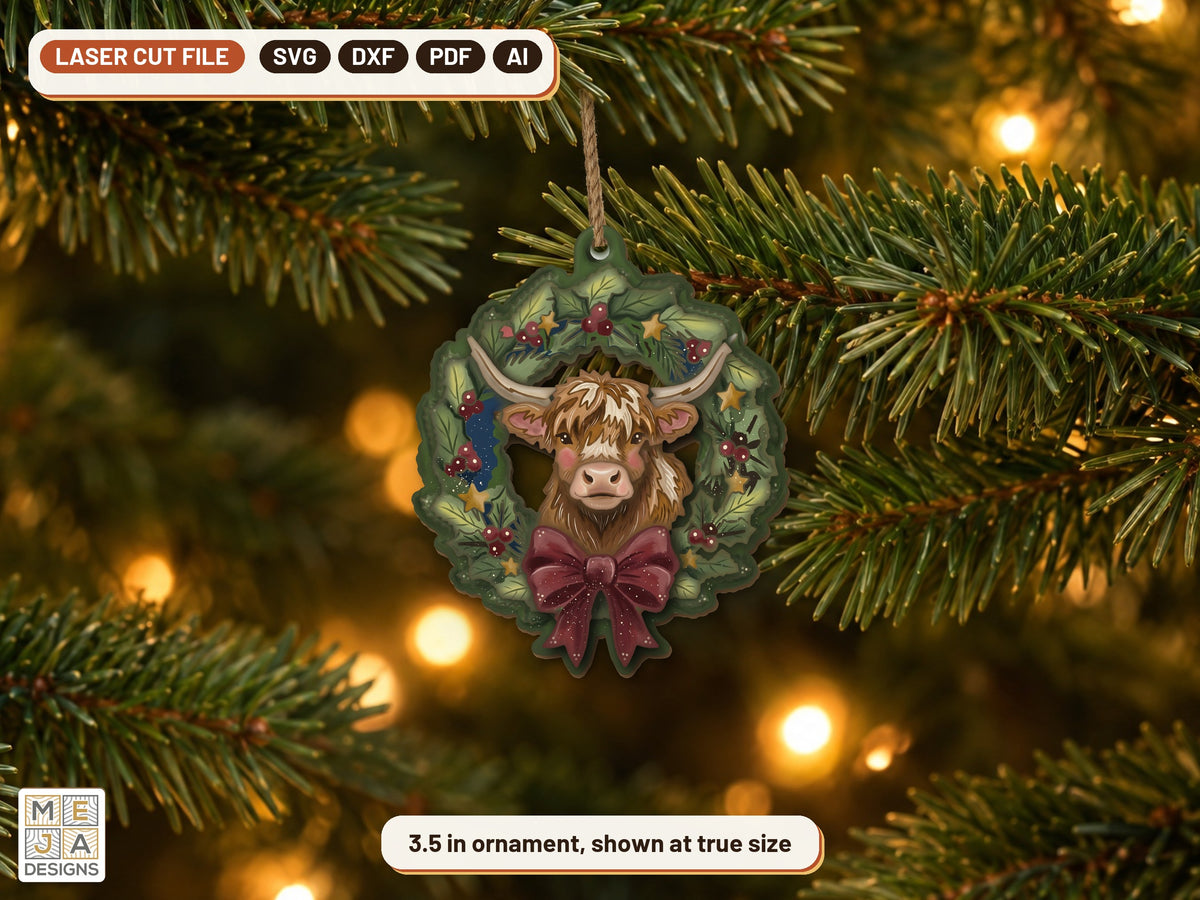Highland Cow Wreath Ornament laser cut file: the finished piece in a room
