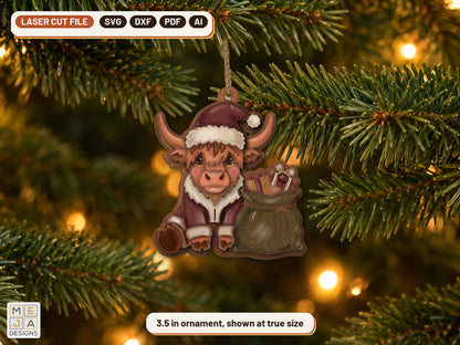 Santa Highland Cow Ornament laser cut file: the finished piece in a room
