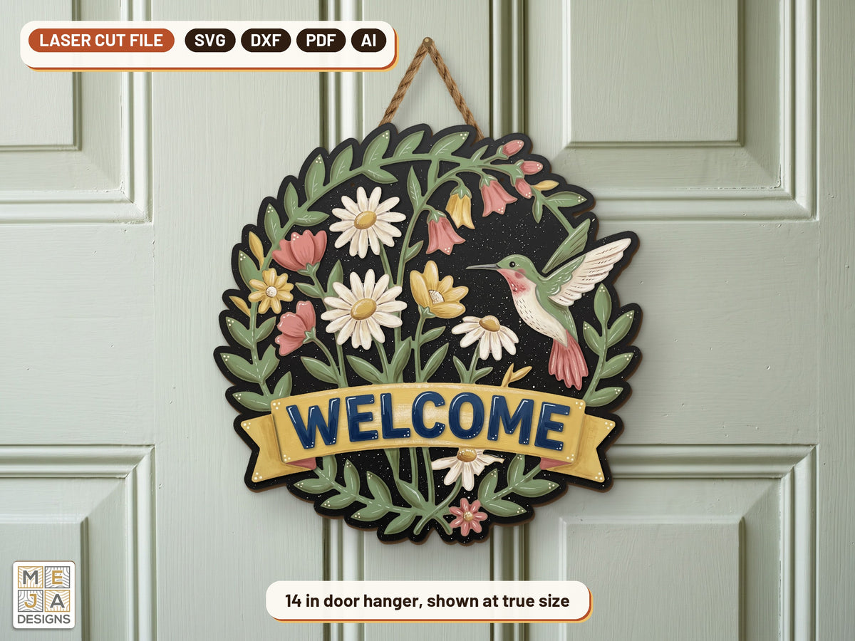 Hummingbird Wildflower Welcome Sign laser cut file: the finished piece in a room