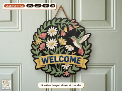 Hummingbird Wildflower Welcome Sign laser cut file: the finished piece in a room